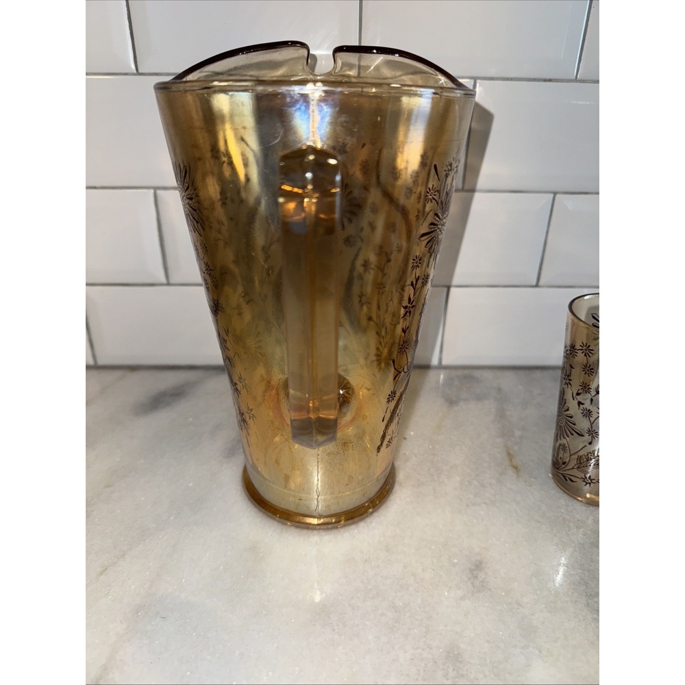 VtgJeanette Marigold Carnival Glass Cosmos Pitcher /6 Glasses 1950's MCMGW0051 - Picture 8 of 14